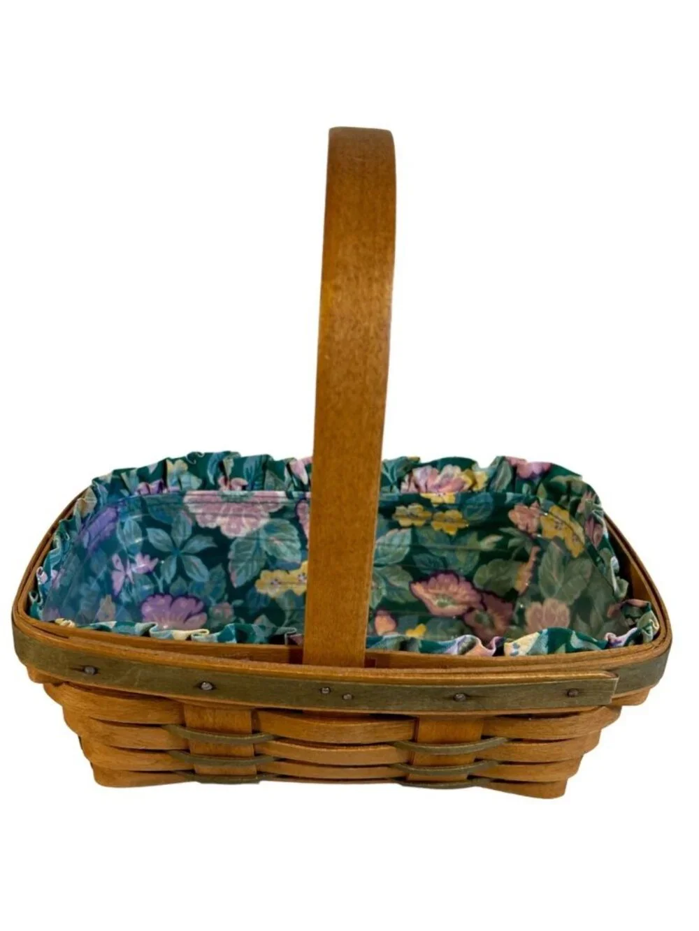 Longaberger Handwoven Basket With Floral Fabric Liner & Plastic Protector